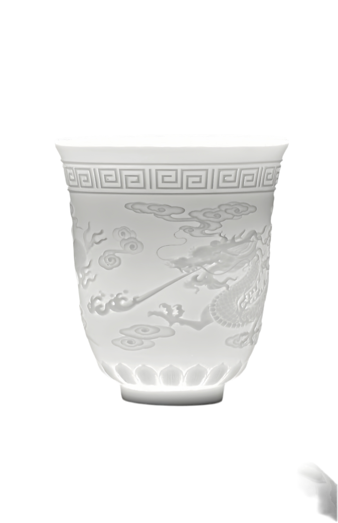M015. Goat jade white porcelain carving dragon and phoenix teacup