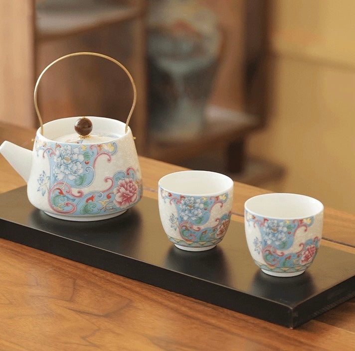 Teapot 001. White and blue fancy and classic flower pattern teapot.