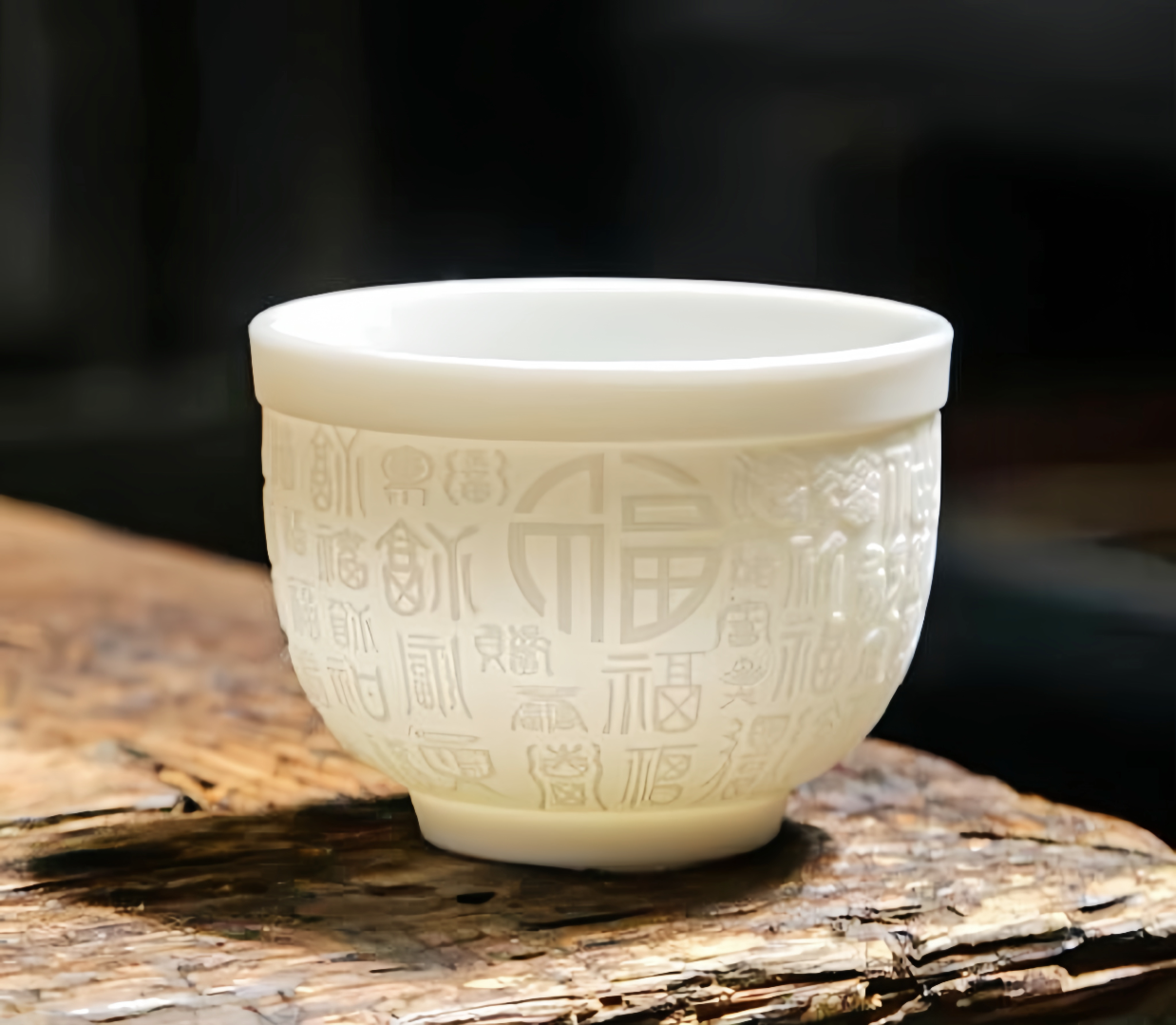 M015. Goat jade white porcelain carving dragon and phoenix teacup