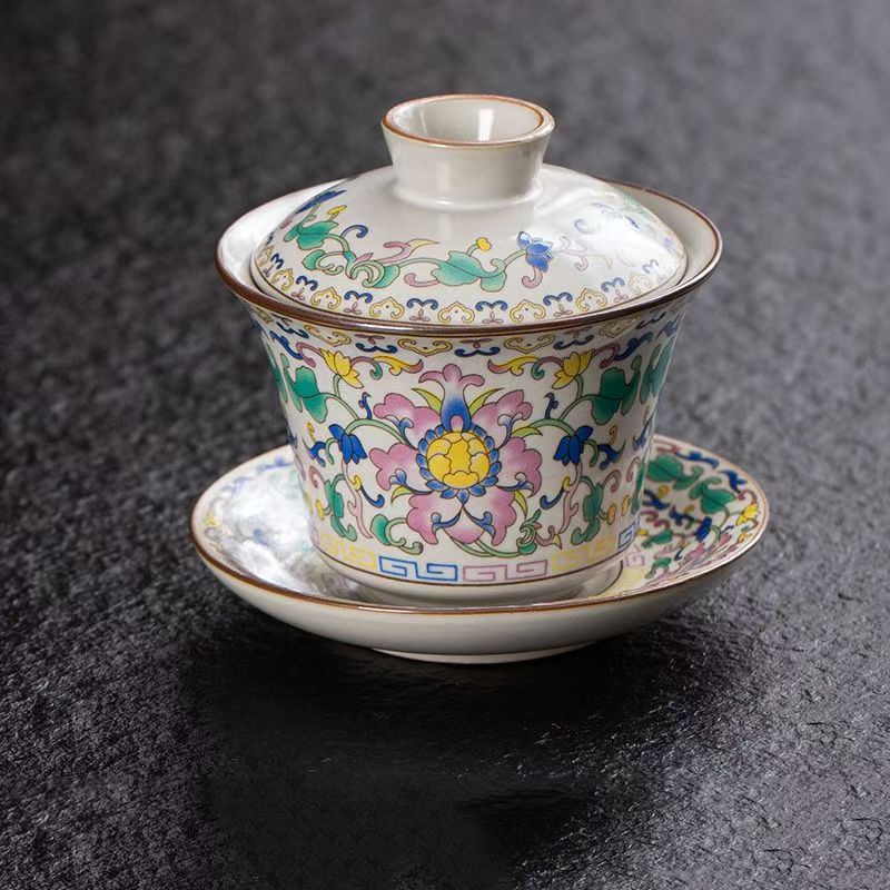 Gaiwan 01. Enamel glazed quaint style flower pattern Gaiwan