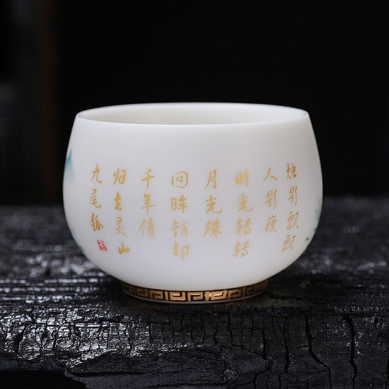 M028. Nine tails fox fairy white goat jade cup