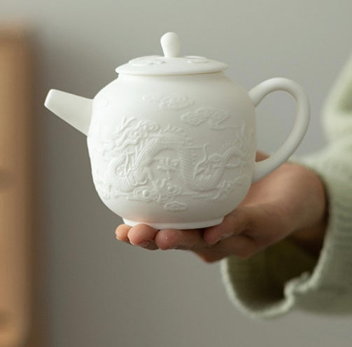 Teapot 003. Dragon and phoenix carving purely white teapot.