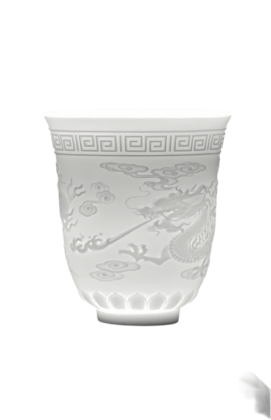 M015. Goat jade white porcelain carving dragon and phoenix teacup