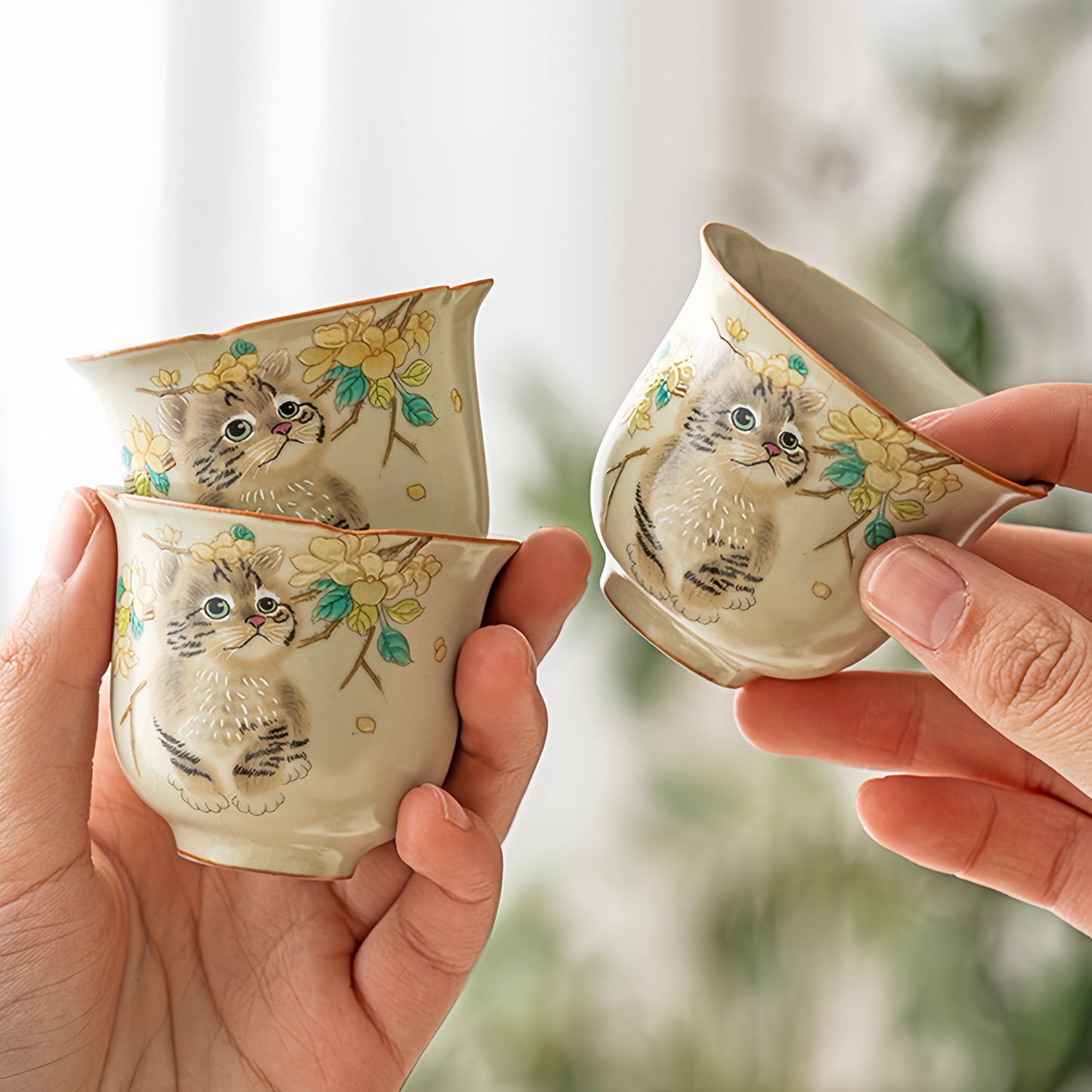 M004. Floral Shape Kitty Cat Teacup（without gift box)