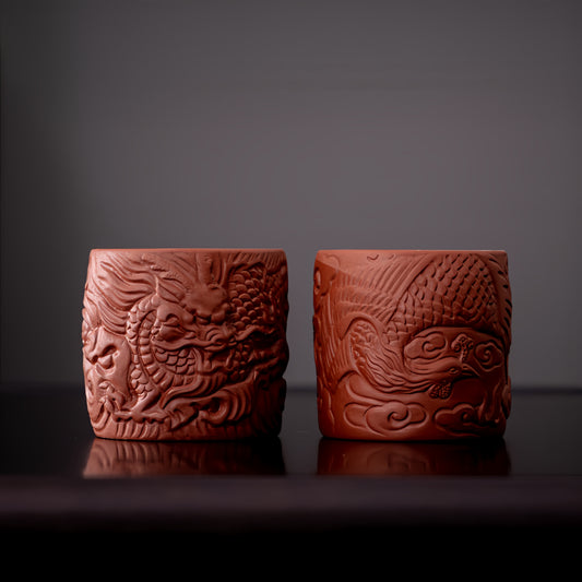 M014. Hand Carving dragon and phoenix couple of teacup