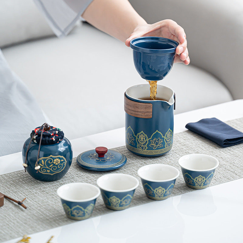 Tea set. Dark blue golden line lotus tea set