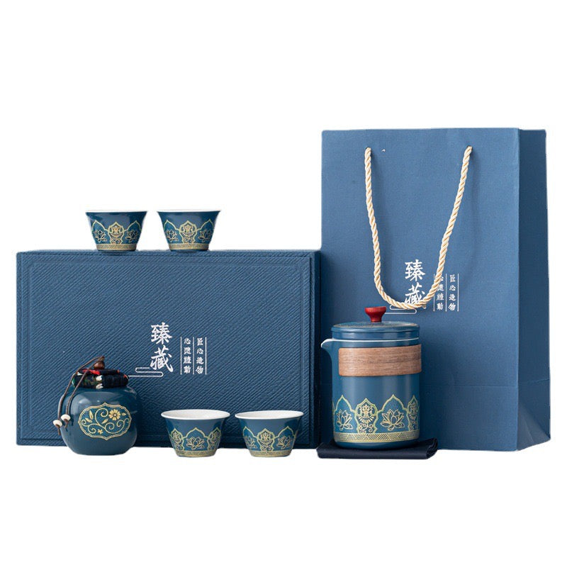 Tea set. Dark blue golden line lotus tea set