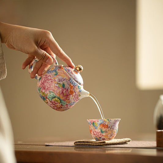 Teapot 004. Elegant style of blossoms enamel glazed pot