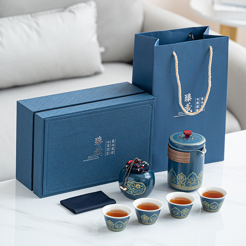 Tea set. Dark blue golden line lotus tea set