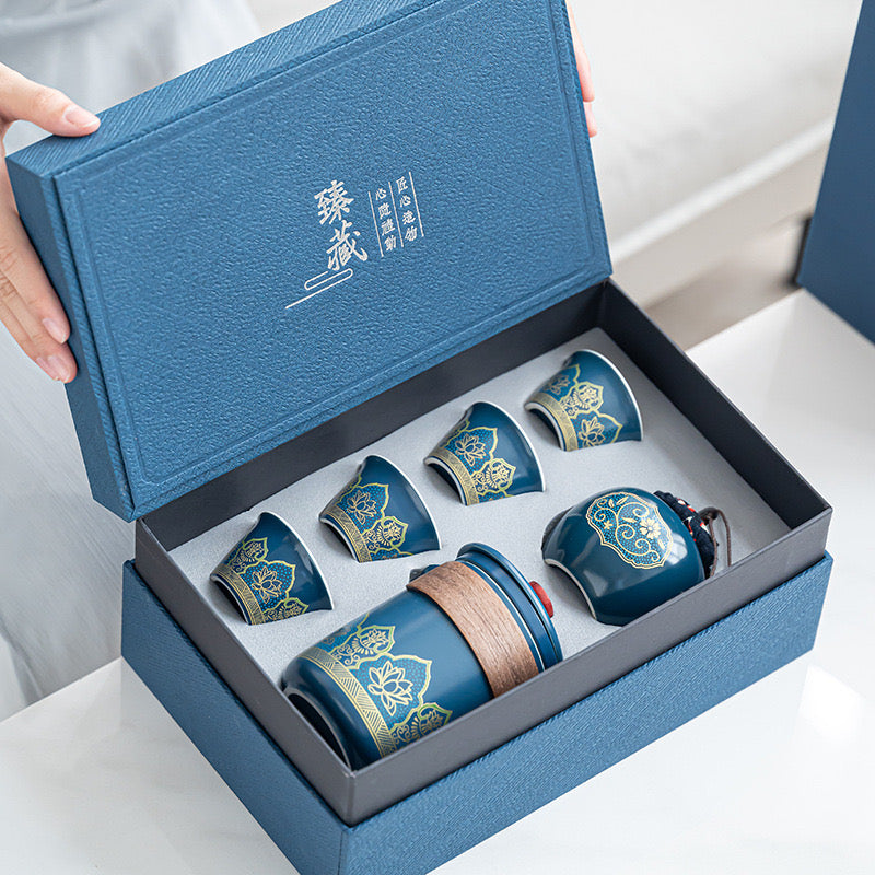 Tea set. Dark blue golden line lotus tea set
