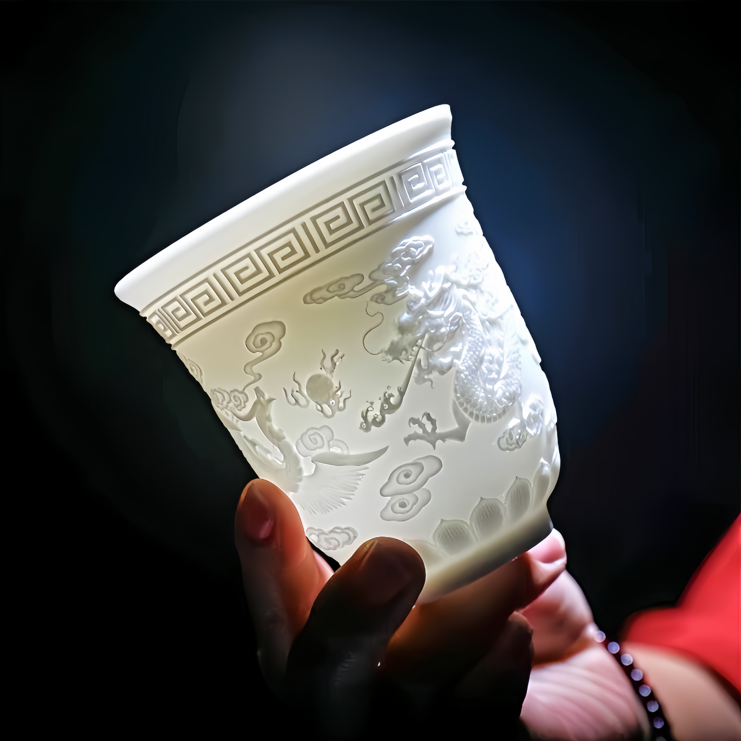 M015. Goat jade white porcelain carving dragon and phoenix teacup