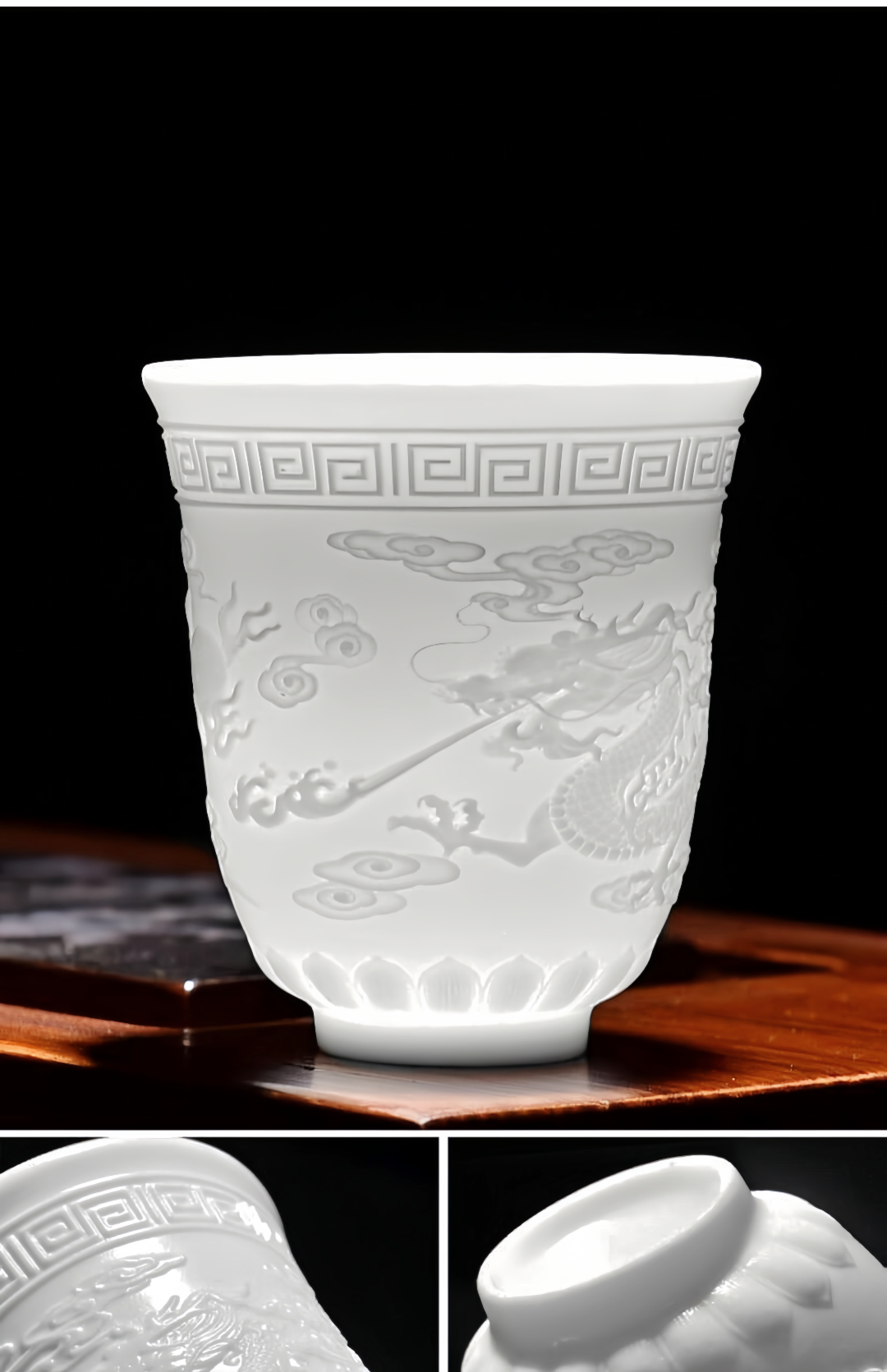 M015. Goat jade white porcelain carving dragon and phoenix teacup