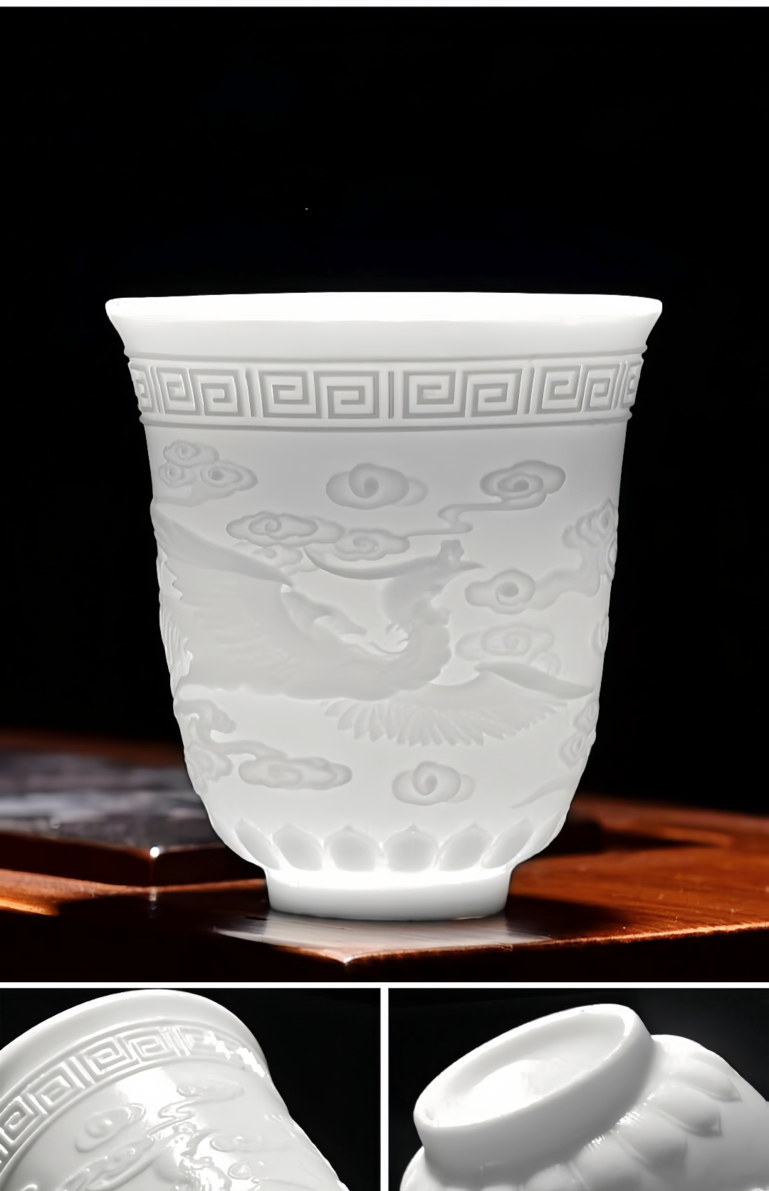 M015. Goat jade white porcelain carving dragon and phoenix teacup