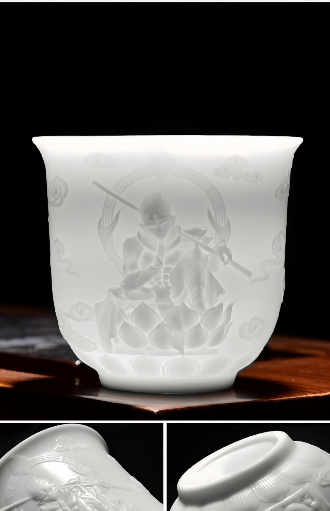 M015. Goat jade white porcelain carving dragon and phoenix teacup