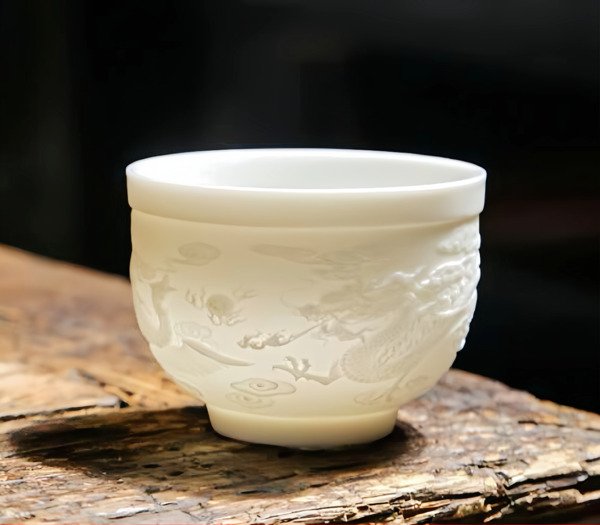 M015. Goat jade white porcelain carving dragon and phoenix teacup