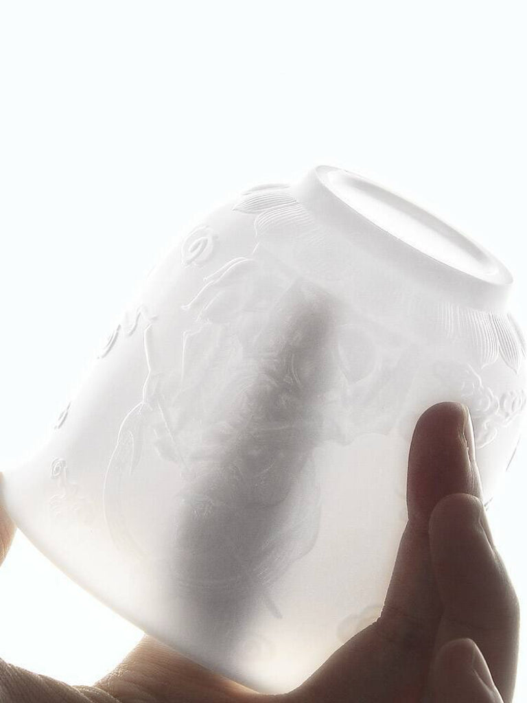 M015. Goat jade white porcelain carving dragon and phoenix teacup